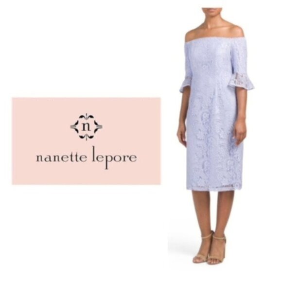 Nanette Lepore Womens Purple Lace Off Shoulder Elbow Sheath Midi Dress Sz 4 New - Picture 8 of 9